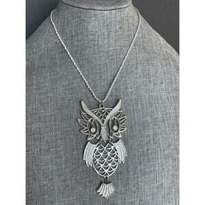 Vintage Owl Pendant Rope Necklace Silver Tone Adjustable Retro Articulated